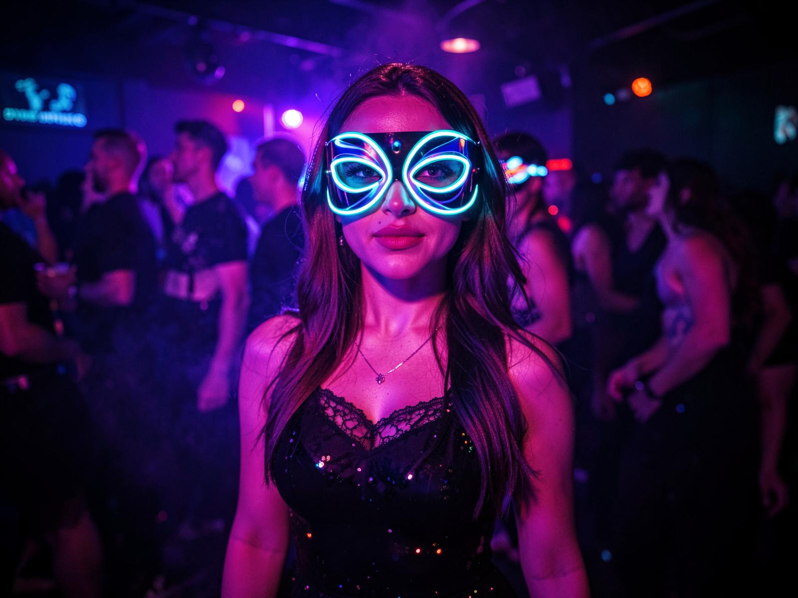 Convidada com máscara neon na Halloween Party