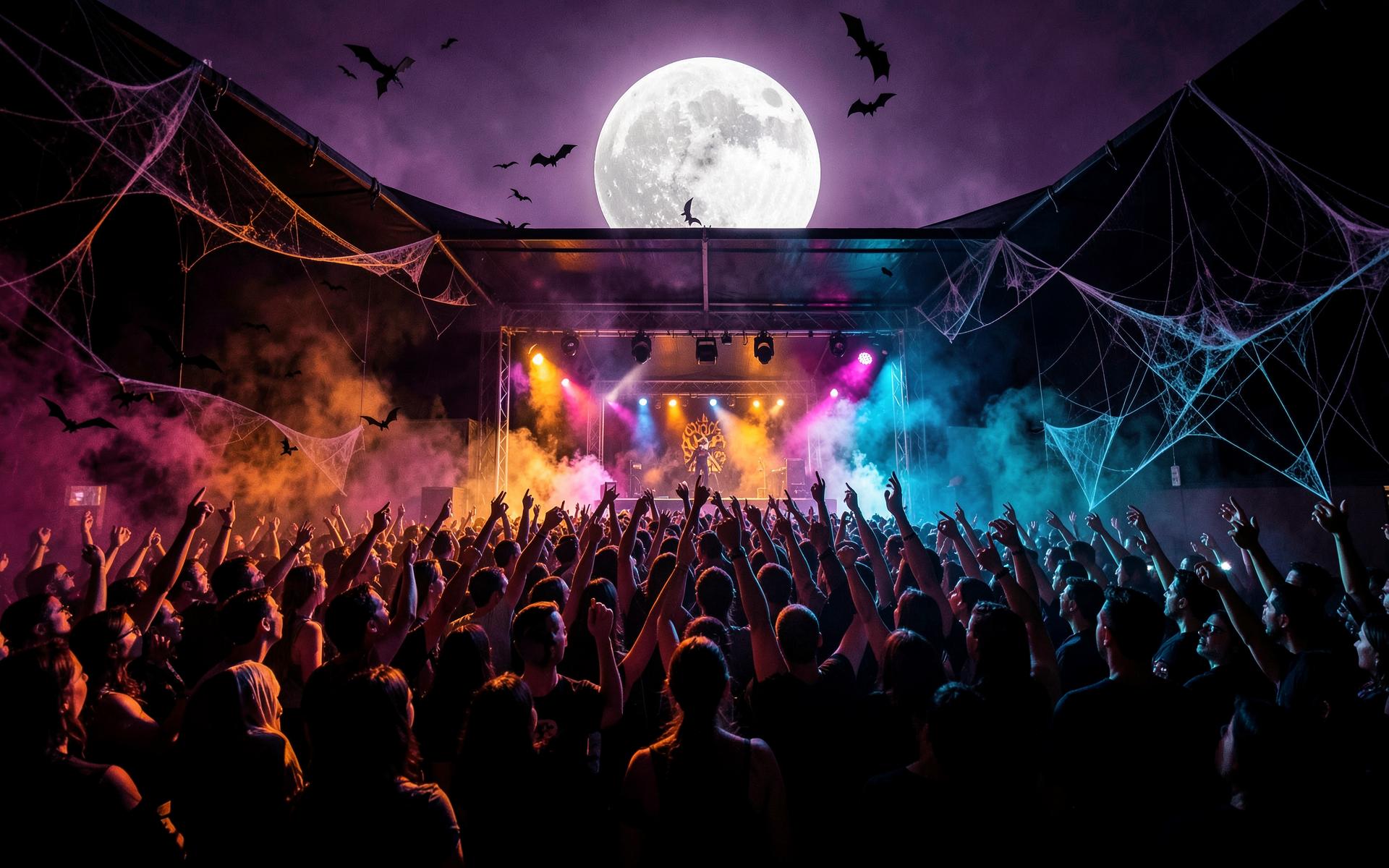 Festa de Halloween com lua cheia, morcegos e luzes neon